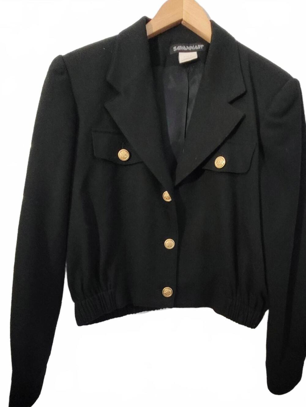 Savannah Vintage Women’s 100% Wool Black Cropped Jacket Gold Buttons Size 8